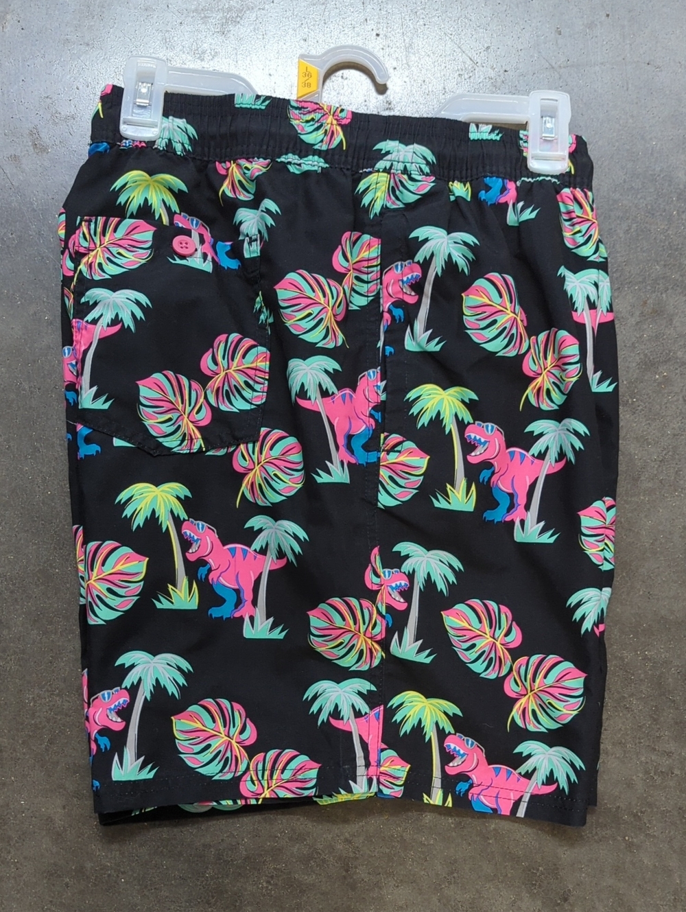 Black Tropical Swim Shorts with Neon Pink & Teal Leaf Print